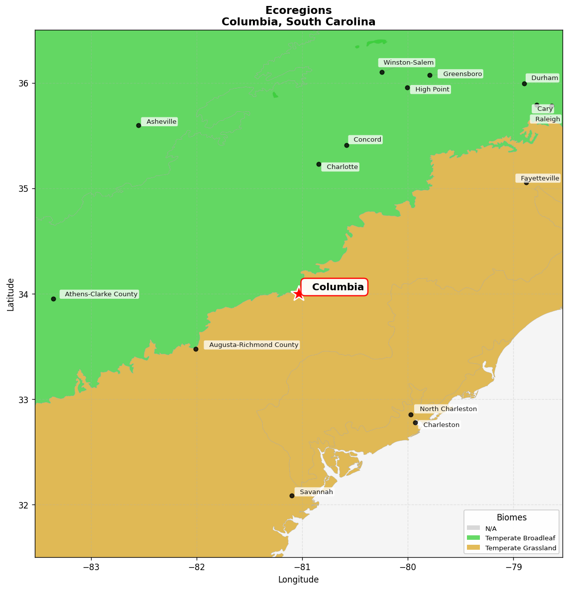Southeast US conifer savannas Ecoregion Map for Columbia, SC